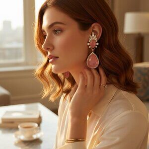 Elizabeth Cole 24K Gold Plated Coral Crystals Designer Pierced Earrings